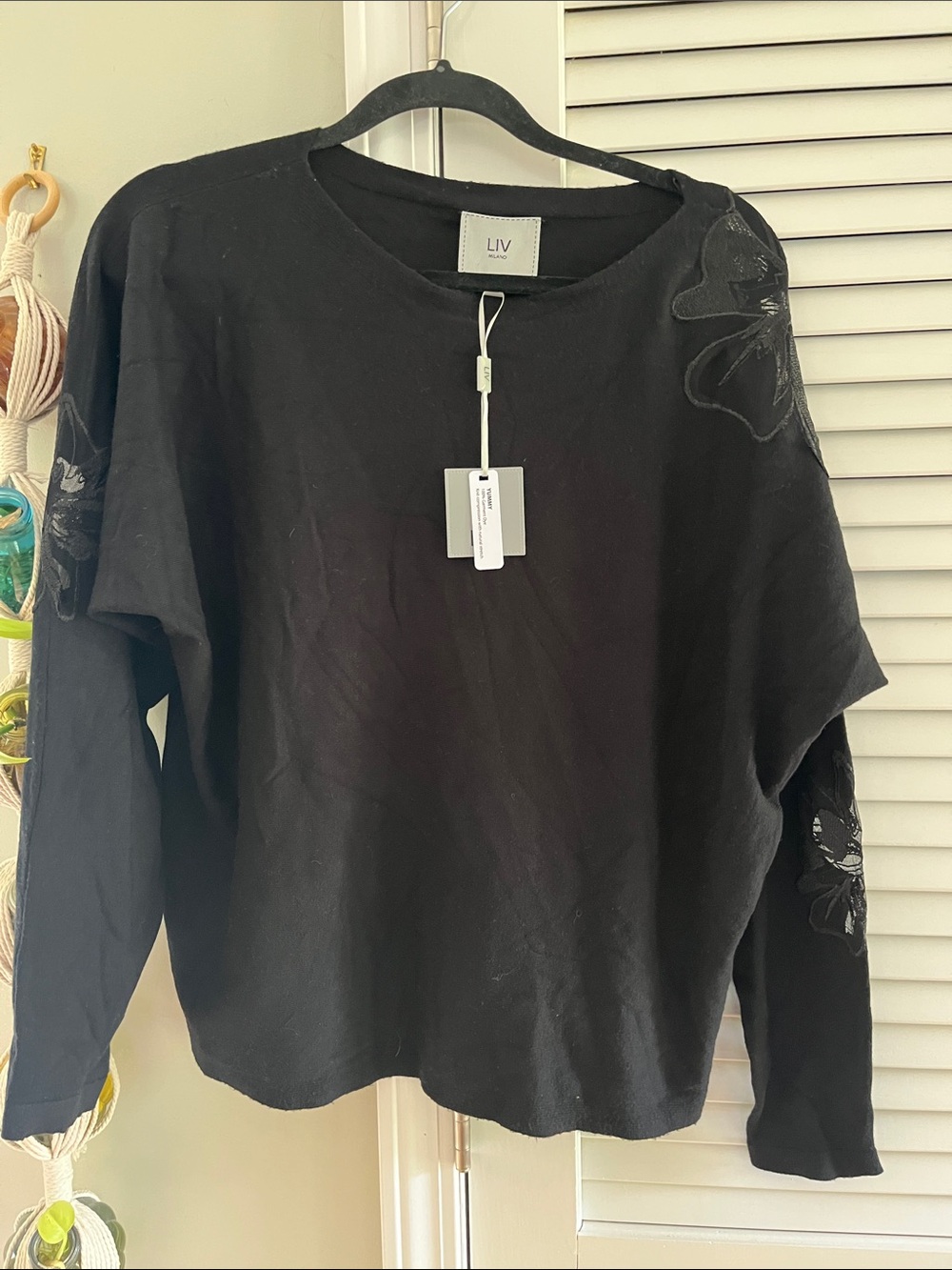 Milano Black Crewneck Sweater with Subtle Floral Embroidery